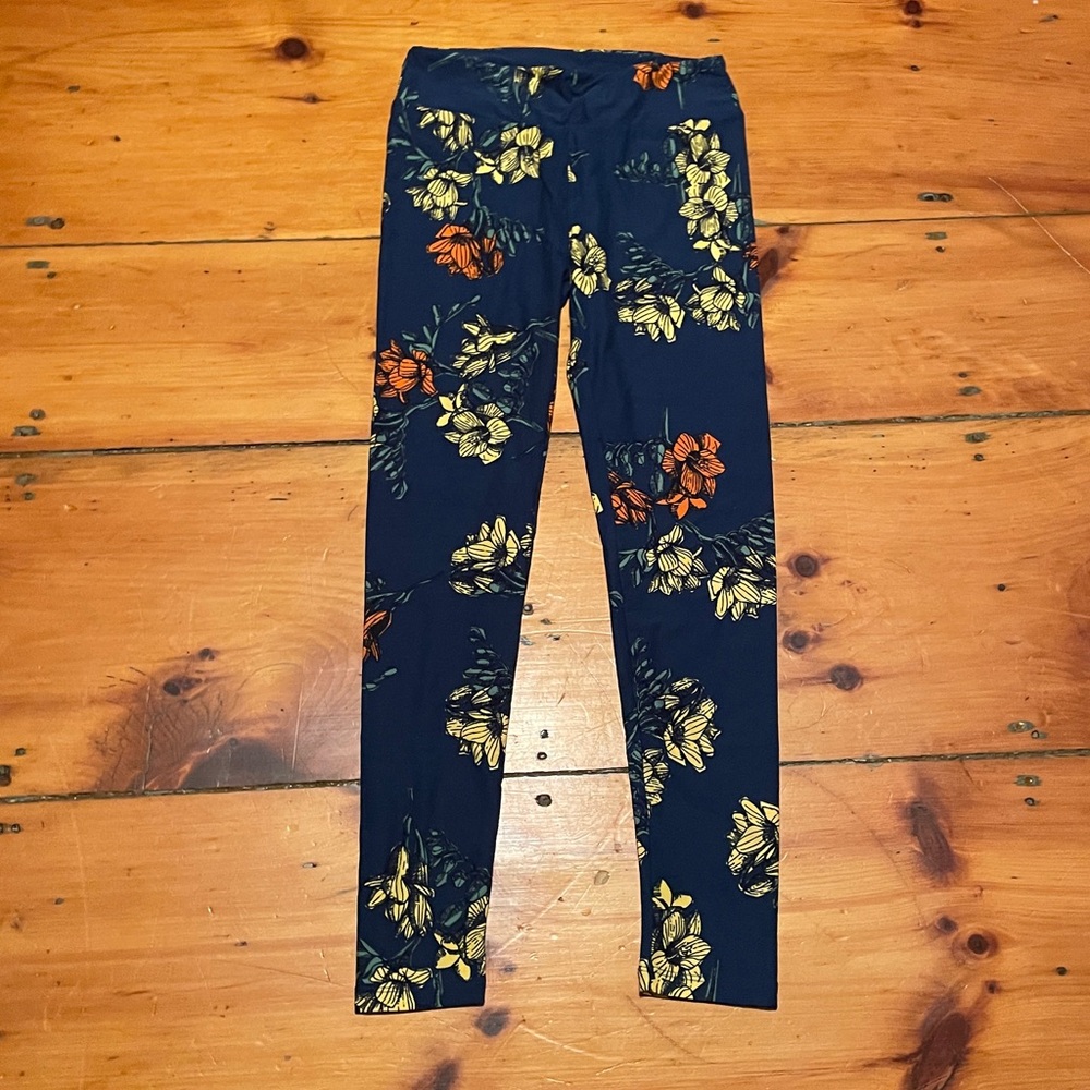 LuLaRoe Floral Leggings - Navy, Yellow, Orange